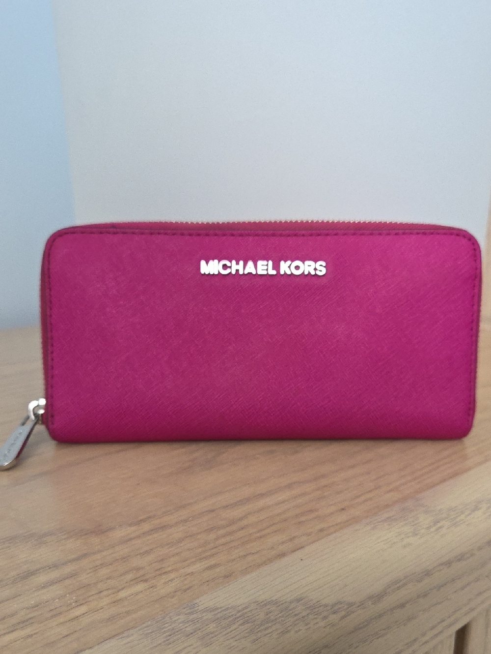 Michael Kors Hot Pink Full Zip Leather Wallet with Silver Hardware